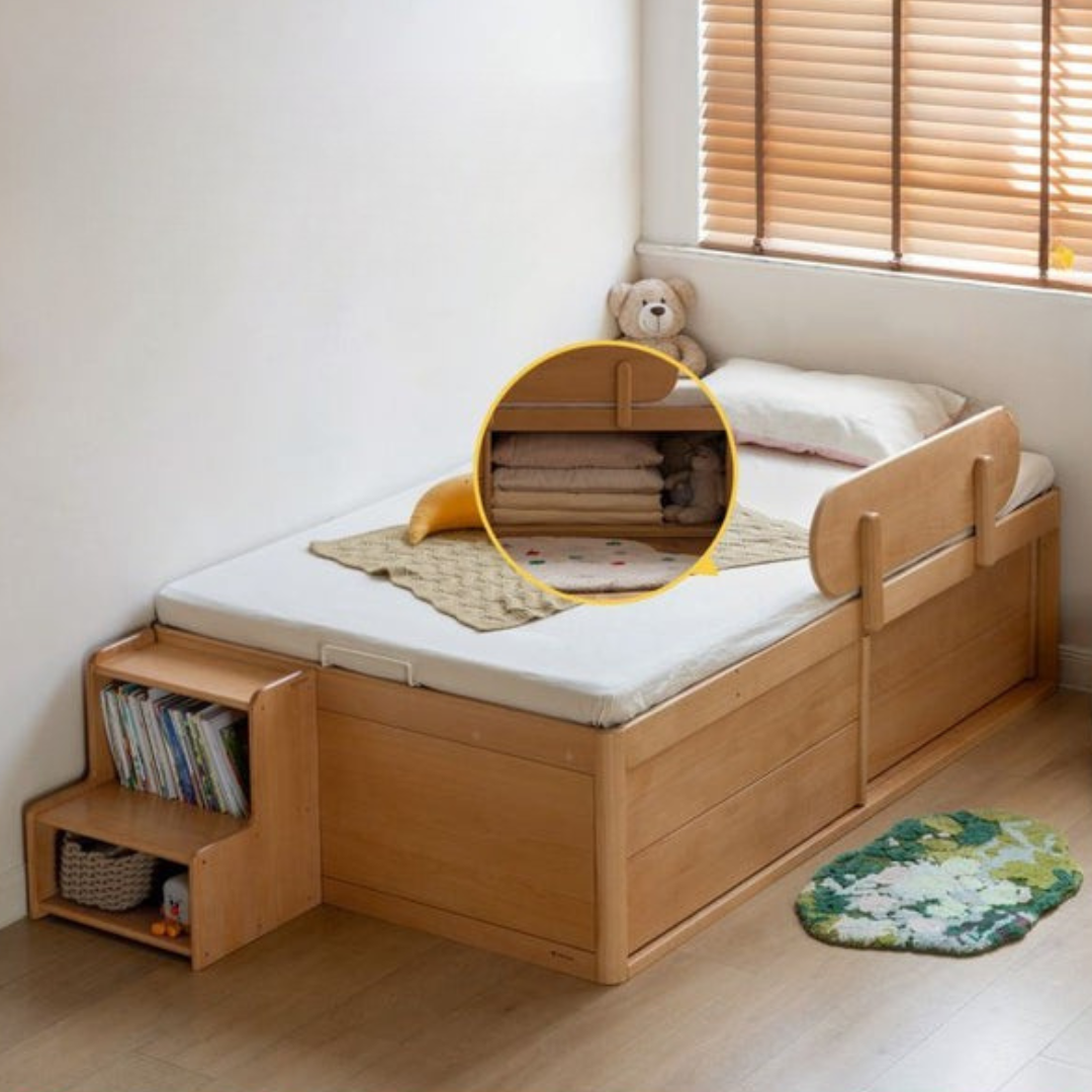 Beech, Rubberwood Solid Wood Kids’ Bed with Guardrail, Platform Bed, Headboard-Free Bed