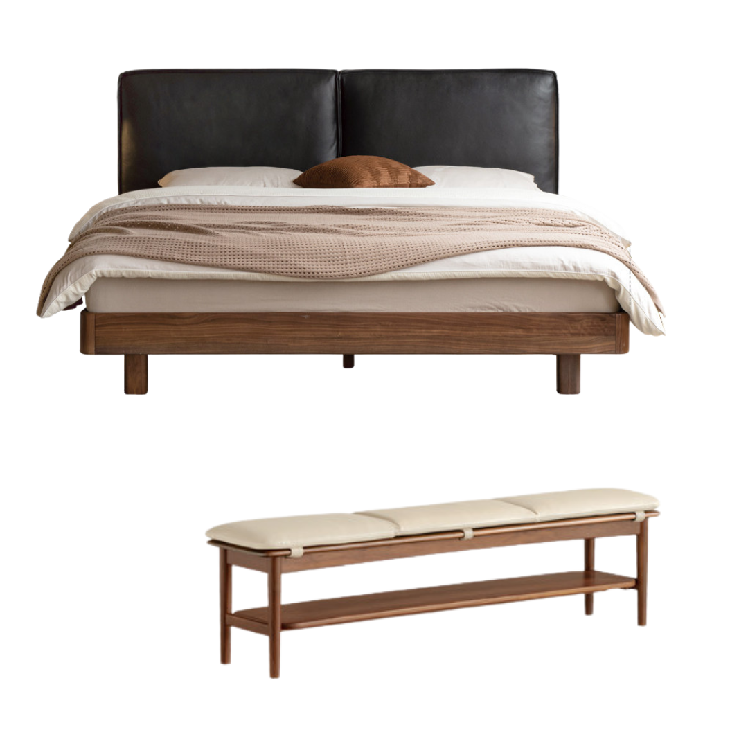 Sandalwood , Black Walnut Solid Wood Genuine Leather Suspended Bed with Light