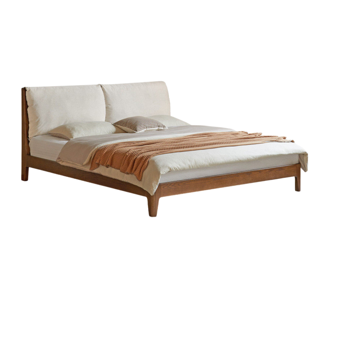 Oak Solid Wood Bed — Simple Fabric Upholstered Design