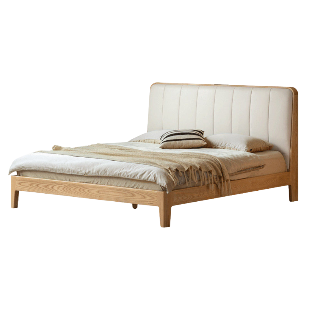 Teak, Black Walnut Solid Wood Bed Leather Soft Bed with Socket