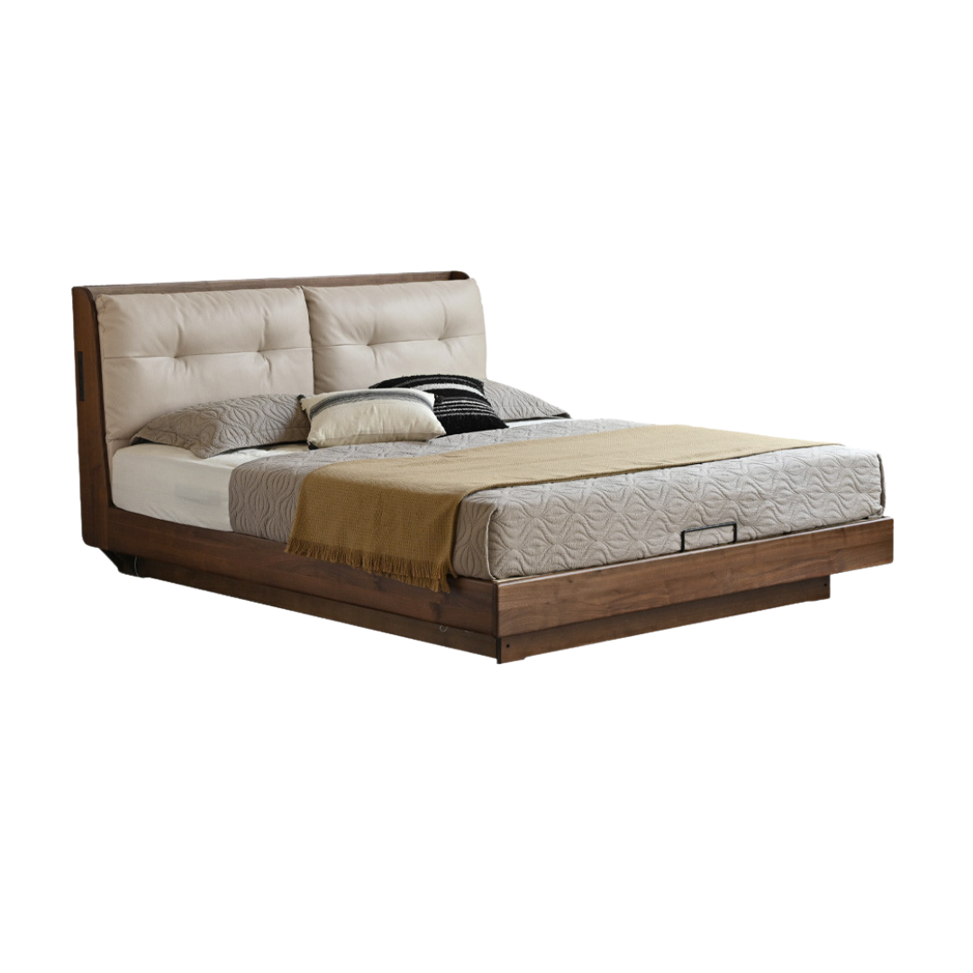 Black Walnut, Sandalwood Solid Wood Bed — Genuine Leather Upholstered, Simple Luxury Design