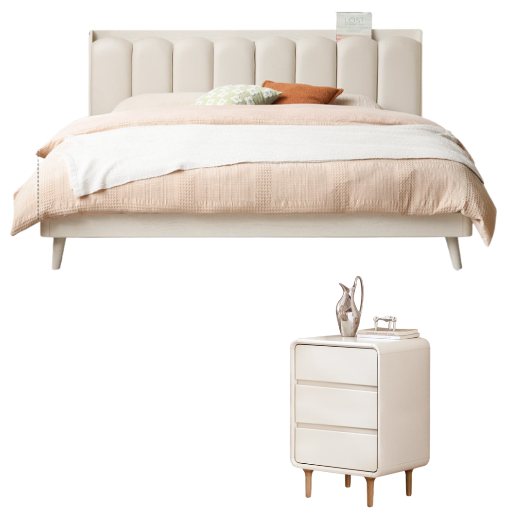 Oak Solid Wood Bed — Cream Style with White Harp Design, Home Charging Soft Backrest
