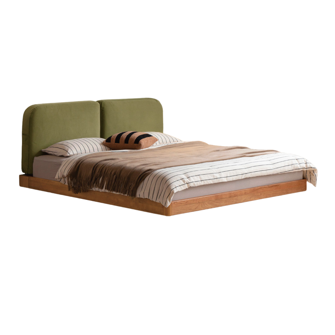 Cherry Solid Wood Upholstered Bed — Platform Bed, Headboard-Free Bed Floor Style, Simple Floating Bed