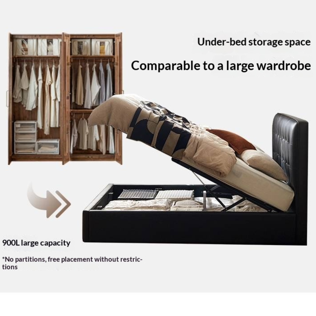 Genuine Leather Retro Box Bed — Black Upholstered, Simple Design