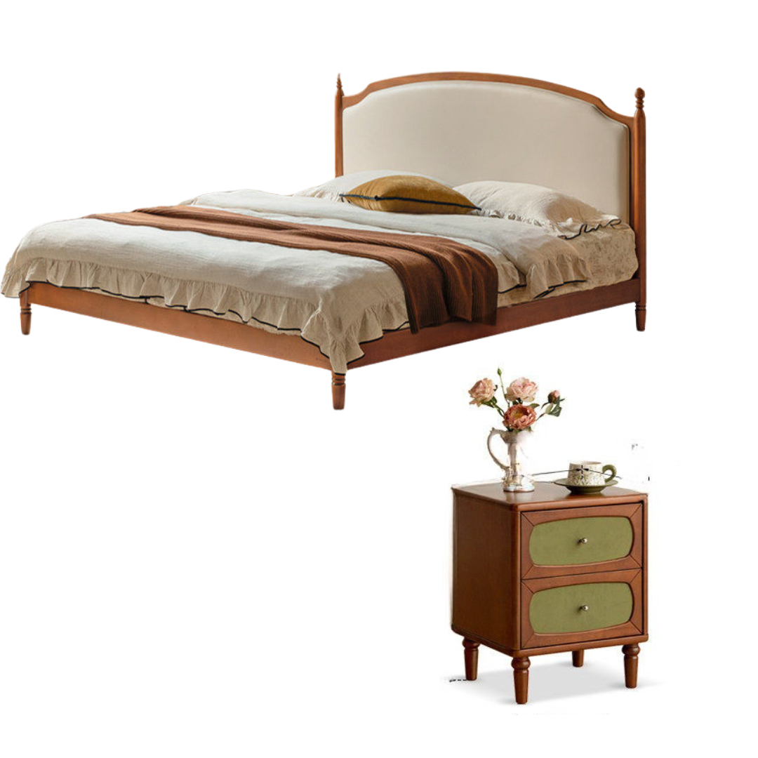 Poplar Solid Wood Bed – French Retro Design with Soft Fabric Upholstery
