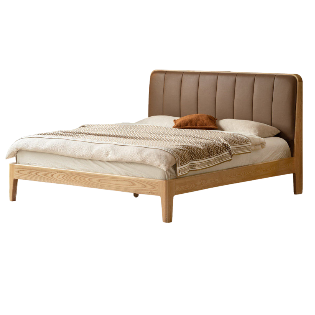 Teak, Black Walnut Solid Wood Bed Leather Soft Bed with Socket