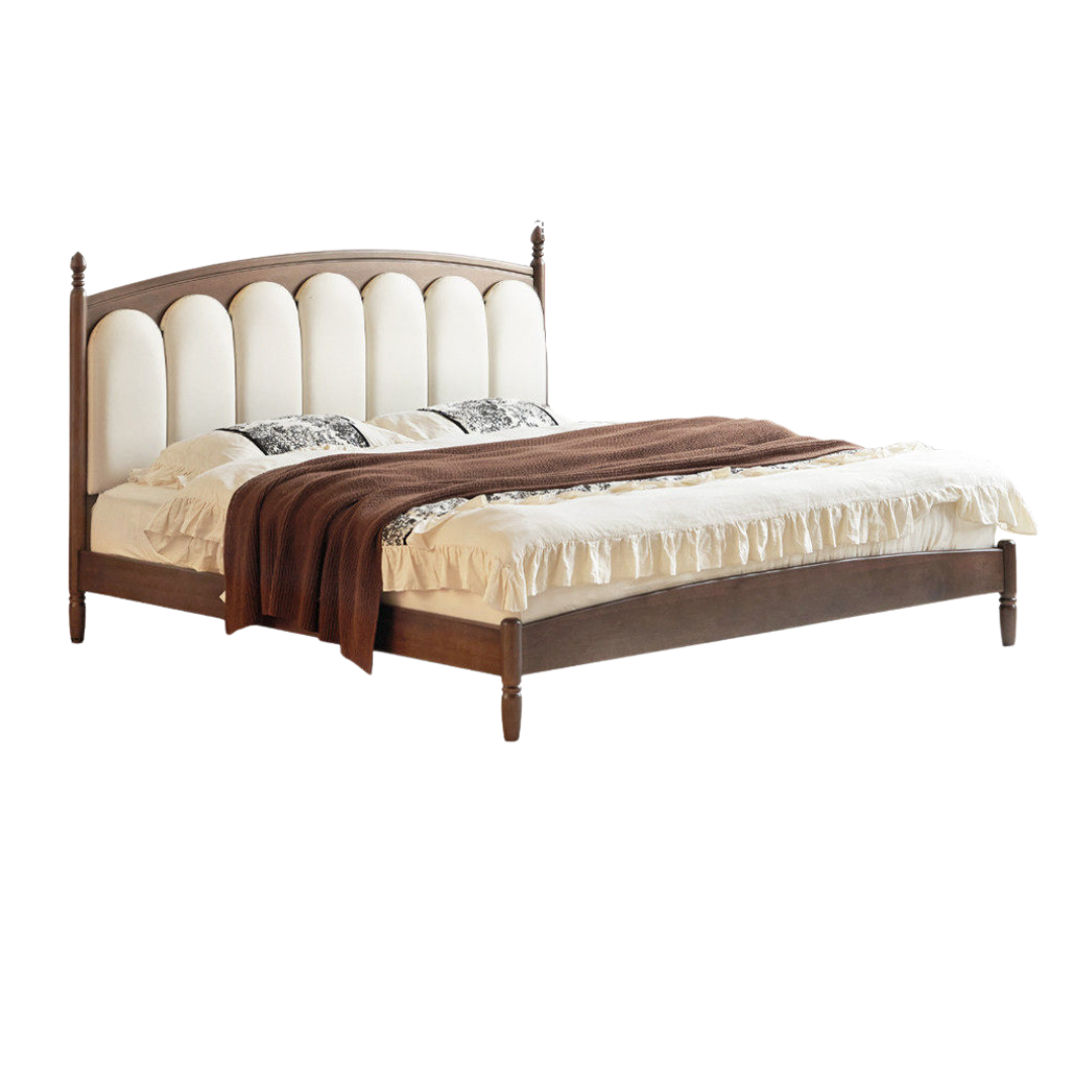Black Walnut, Oak Solid Wood Bed — Genuine Leather Soft Headboard, French Style Retro, Mid-Fashion