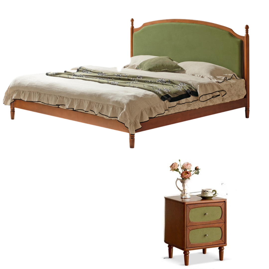 Poplar Solid Wood Bed – French Retro Design with Soft Fabric Upholstery