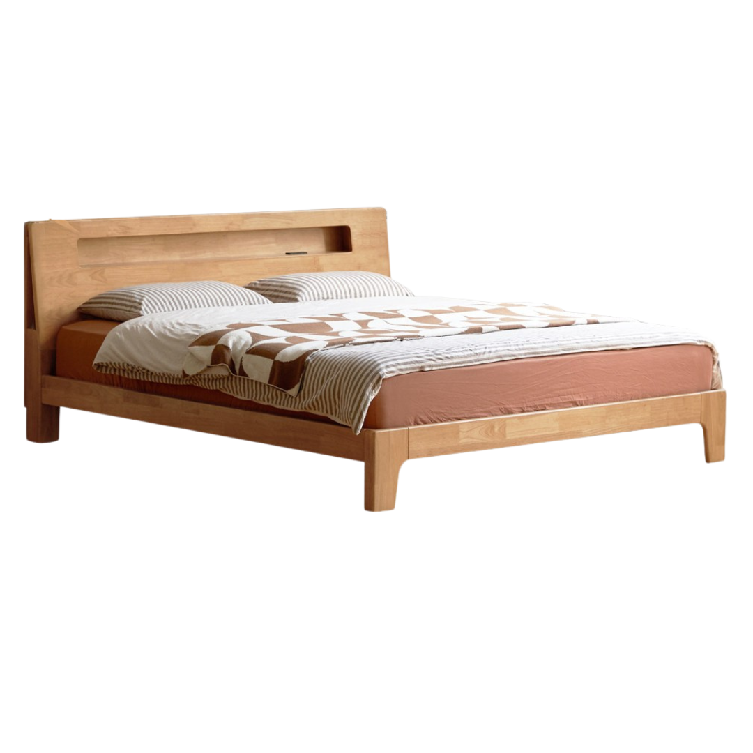Oak, Beech, Rubberwood Solid Wood with Light and Bookshelf Bed