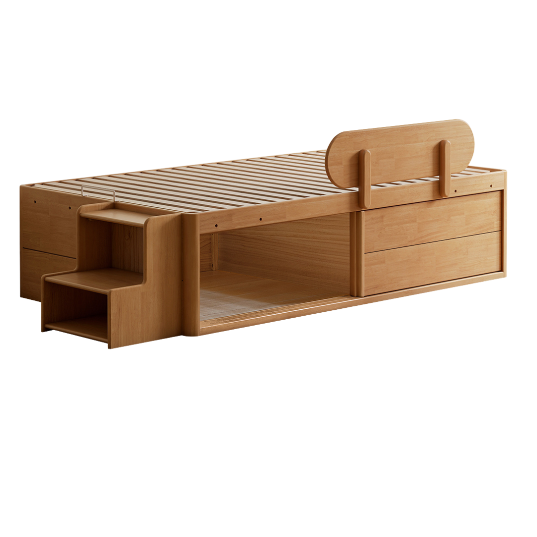 Beech, Rubberwood Solid Wood Kids’ Bed with Guardrail, Platform Bed, Headboard-Free Bed