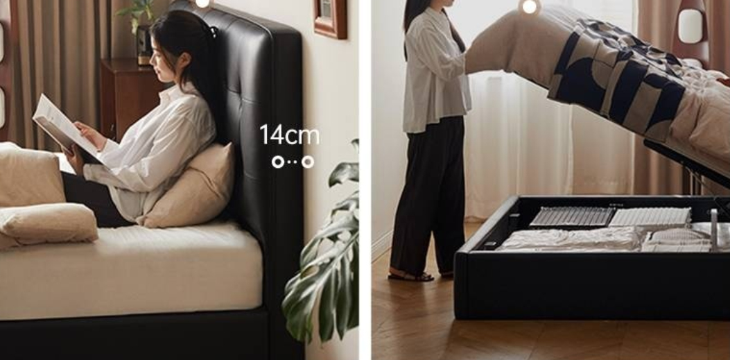 Genuine Leather Retro Box Bed — Black Upholstered, Simple Design