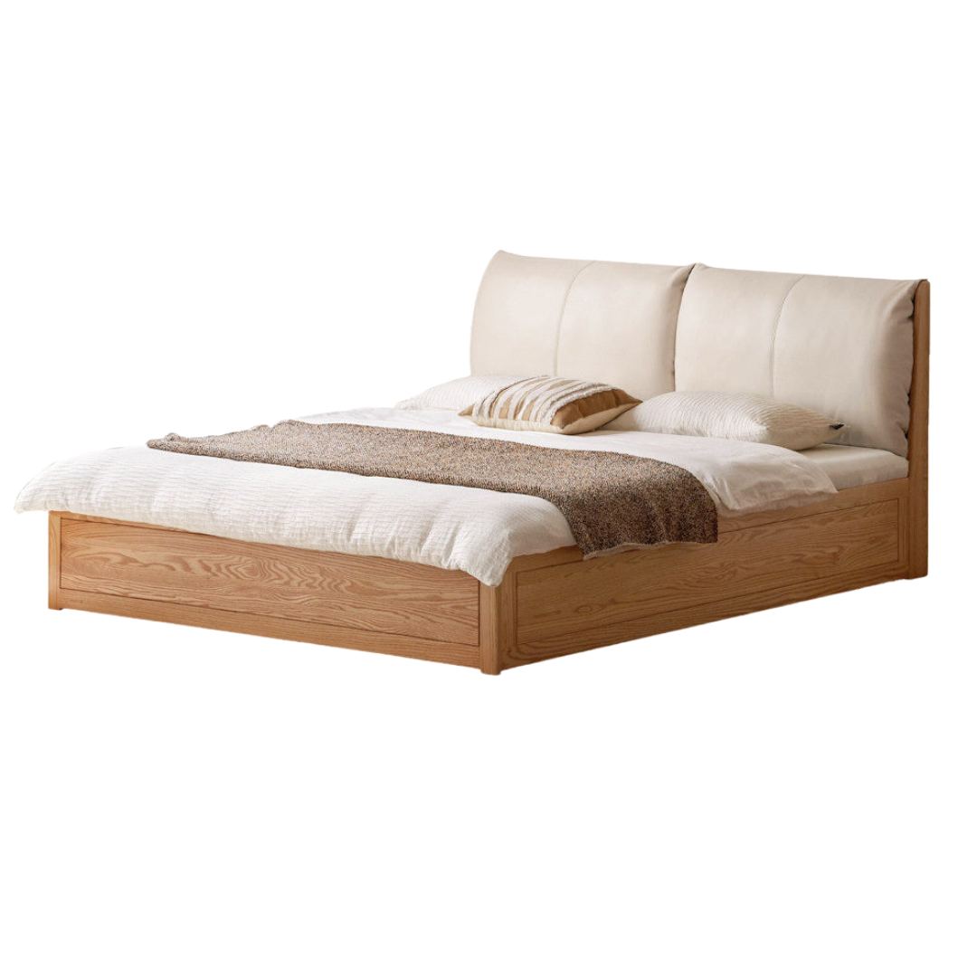 Beech, Oak, Black Walnut Solid Wood Bed — Fabric, Genuine Leather Upholstered, Simple Design