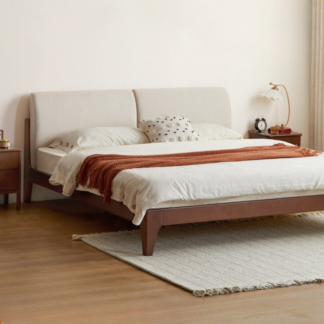 Beech Solid Wood Bed — Nordic Style, Modern Minimalist Design