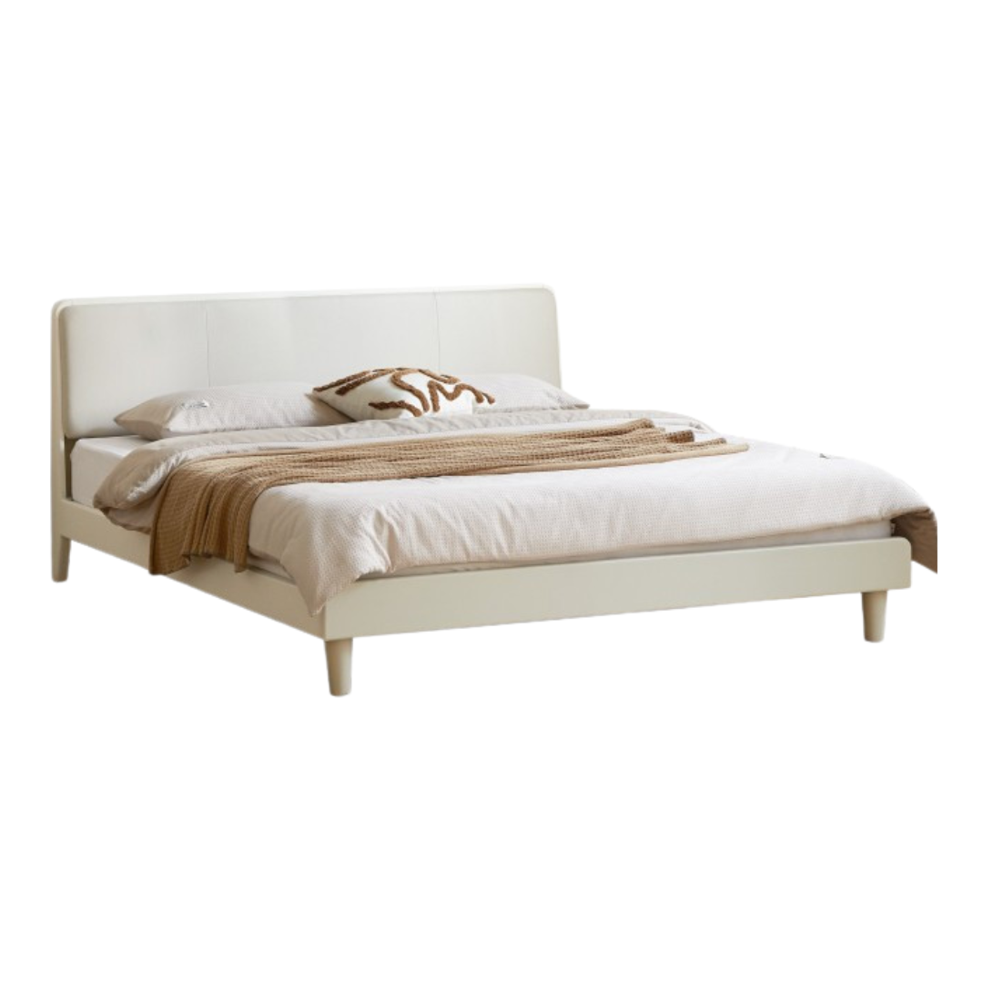 Pine Solid Wood Upholstered Bed — Modern Minimalist White Design, Light Luxury with Organic Leather