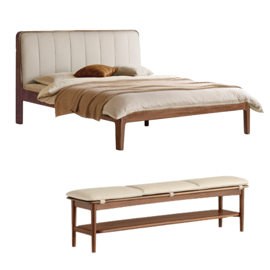 Teak, Black Walnut Solid Wood Bed Leather Soft Bed with Socket