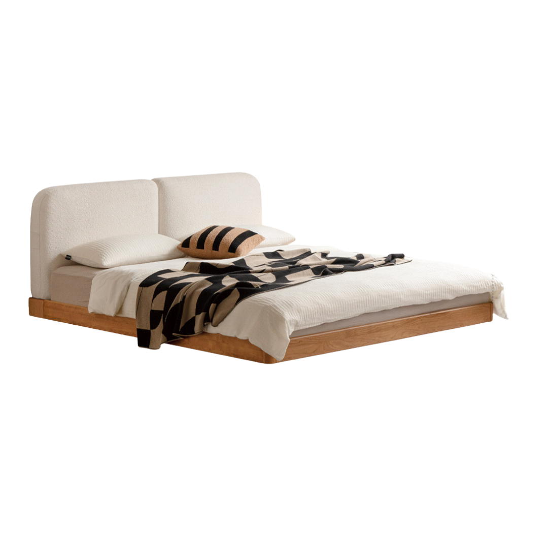 Cherry Solid Wood Upholstered Bed — Platform Bed, Headboard-Free Bed Floor Style, Simple Floating Bed