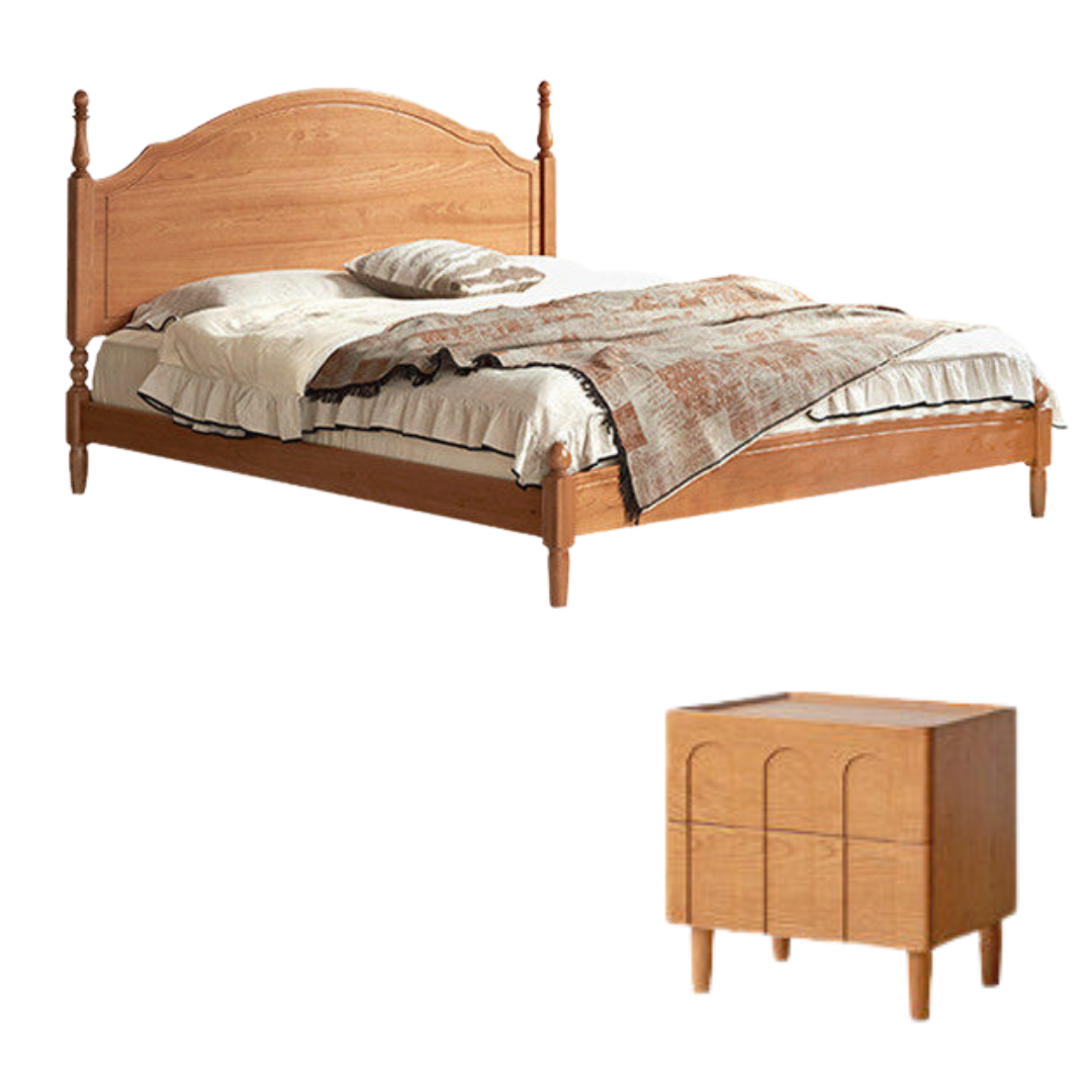 Birch Solid Wood Bed — French Retro Style, Large Slab Design, Mid-Range Style