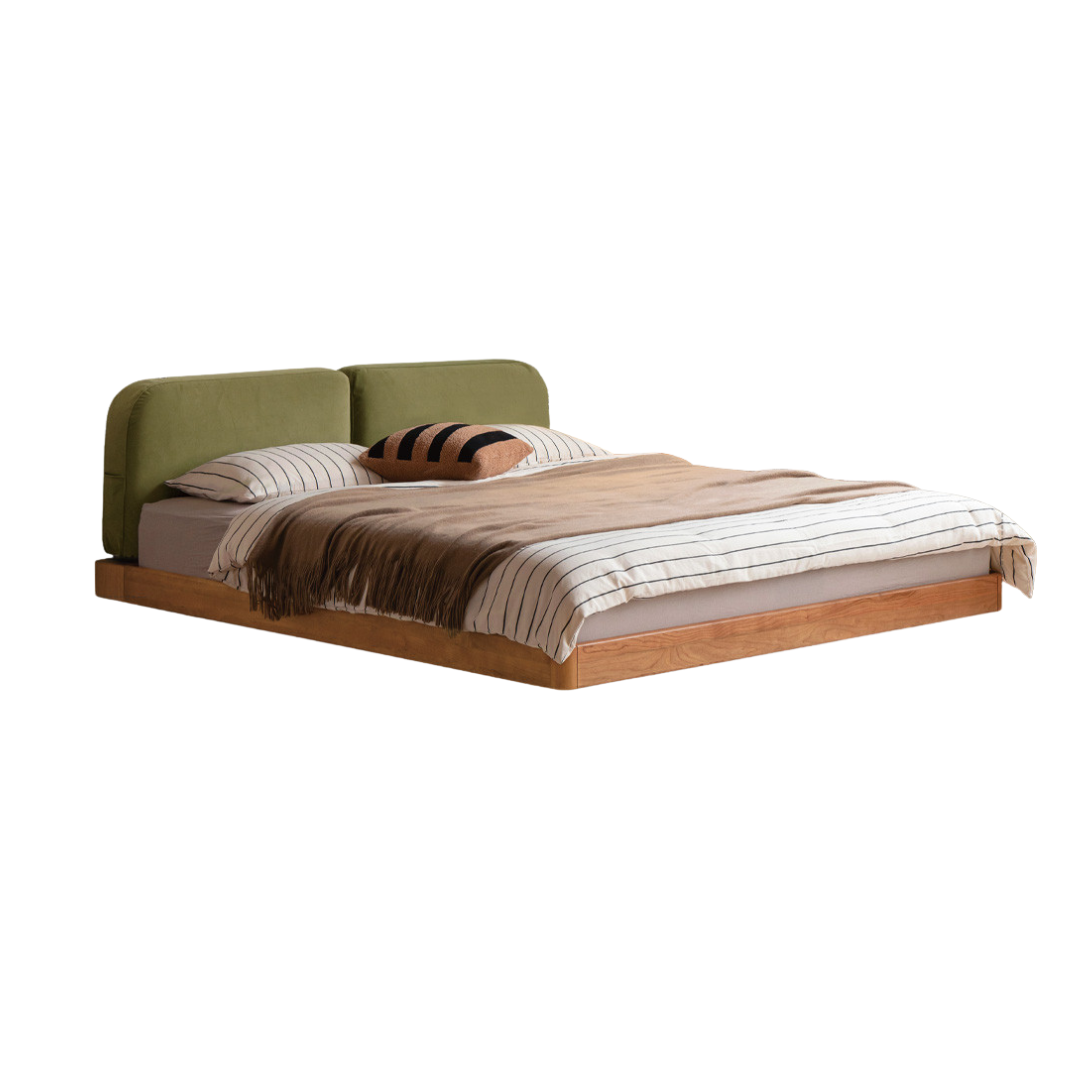 Cherry Solid Wood Upholstered Bed — Platform Bed, Headboard-Free Bed Floor Style, Simple Floating Bed