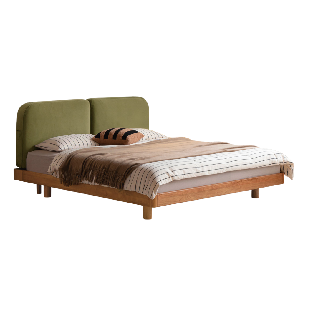 Cherry Solid Wood Upholstered Bed — Platform Bed, Headboard-Free Bed Floor Style, Simple Floating Bed