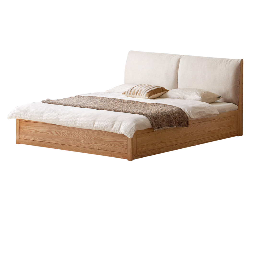 Beech, Oak, Black Walnut Solid Wood Bed — Fabric, Genuine Leather Upholstered, Simple Design