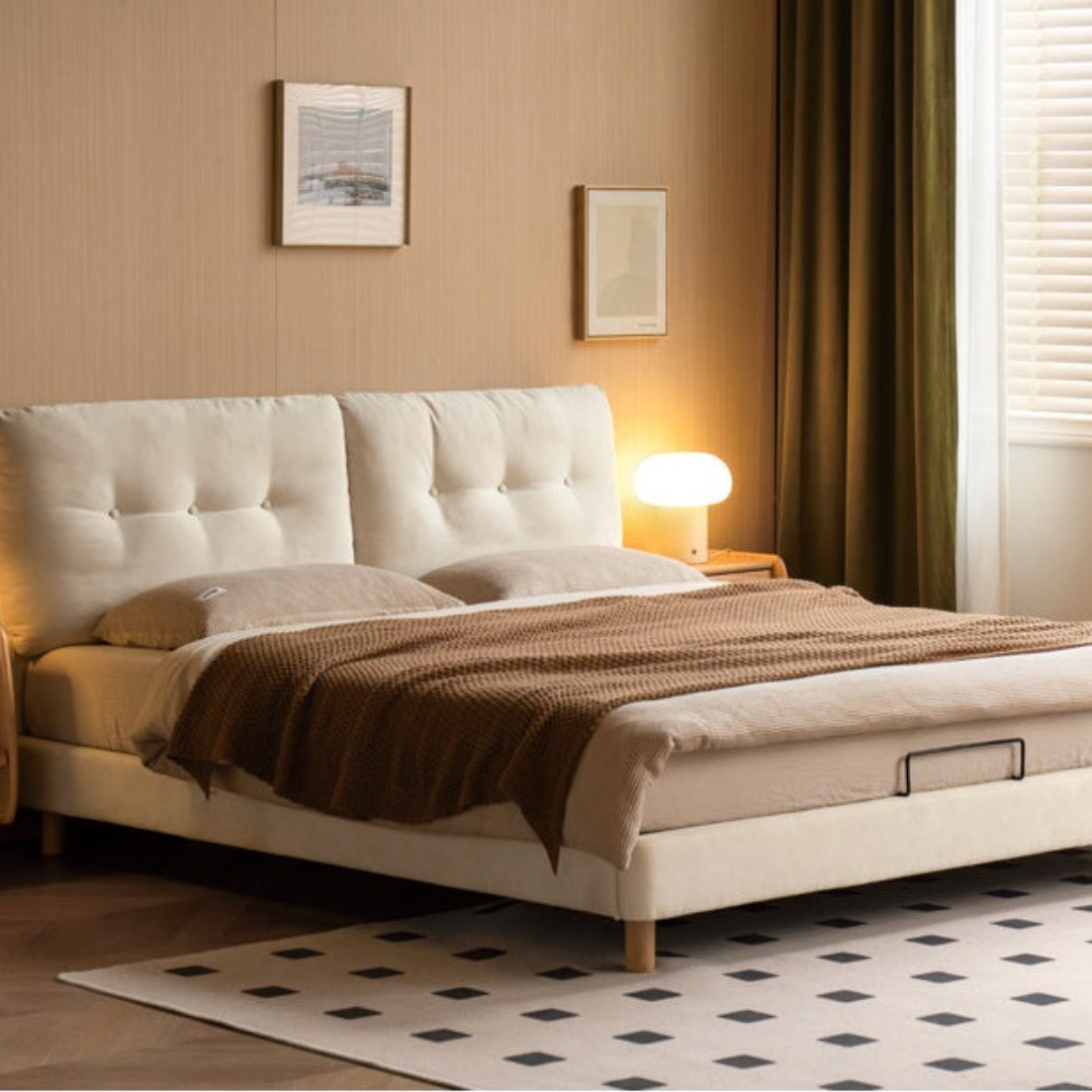 Fabric Soft Bed White Cream Style