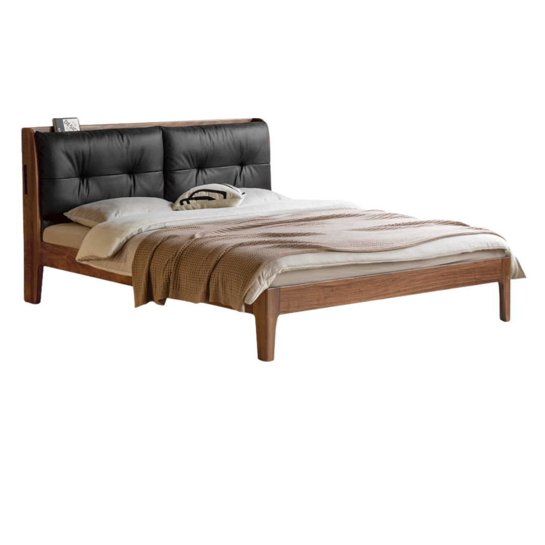 Black Walnut, Sandalwood Solid Wood Bed — Genuine Leather Upholstered, Simple Luxury Design