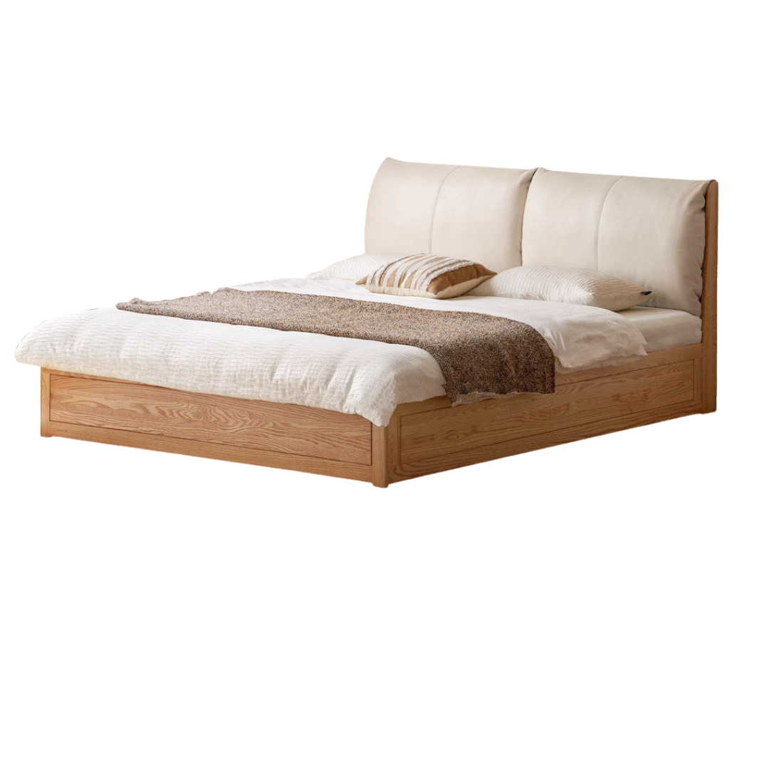 Beech, Oak, Black Walnut Solid Wood Bed — Fabric, Genuine Leather Upholstered, Simple Design