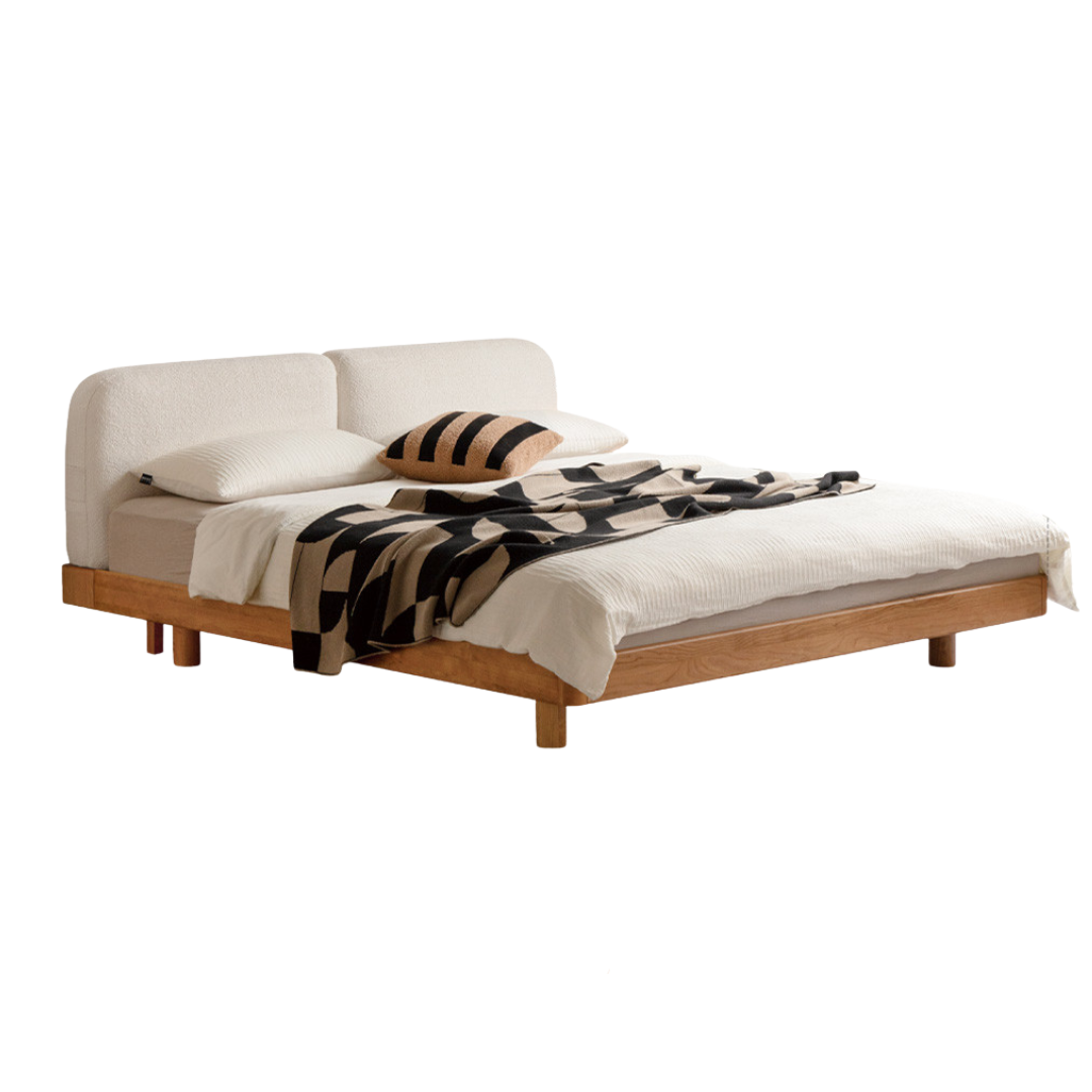 Cherry Solid Wood Upholstered Bed — Platform Bed, Headboard-Free Bed Floor Style, Simple Floating Bed