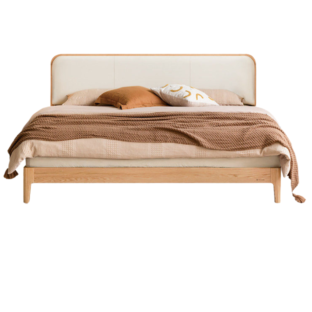 Cherry Solid Wood Bed — Modern Minimalist Upholstered Design