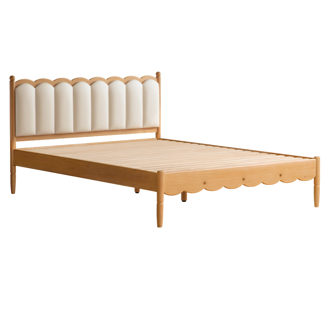 Oak,Beech solid wood Milky white kids upholstered bed with soft headboard<