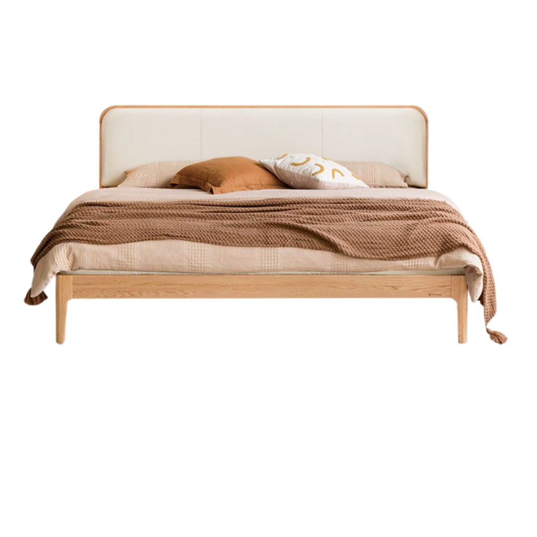 Cherry Solid Wood Bed — Modern Minimalist Upholstered Design