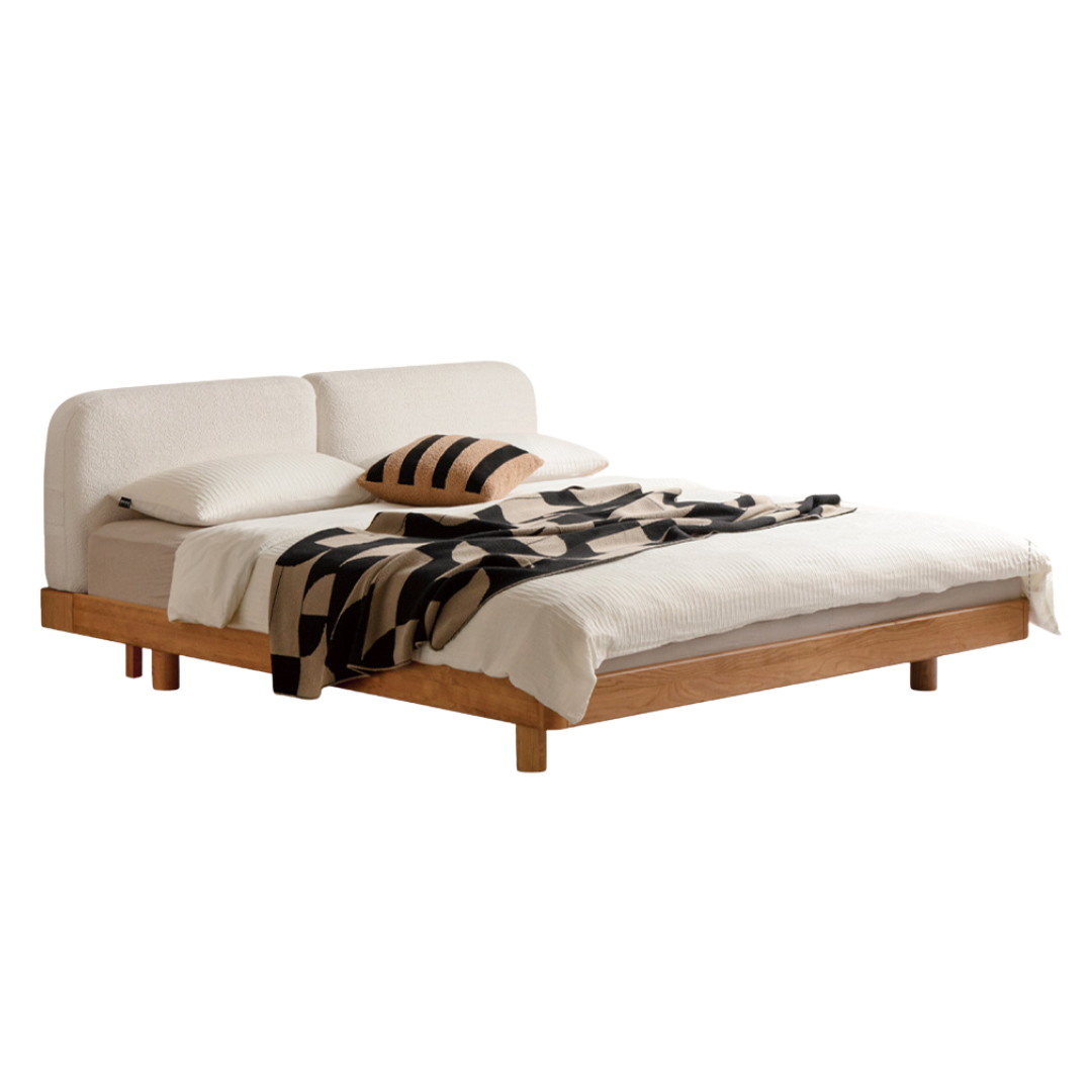 Cherry Solid Wood Upholstered Bed — Platform Bed, Headboard-Free Bed Floor Style, Simple Floating Bed