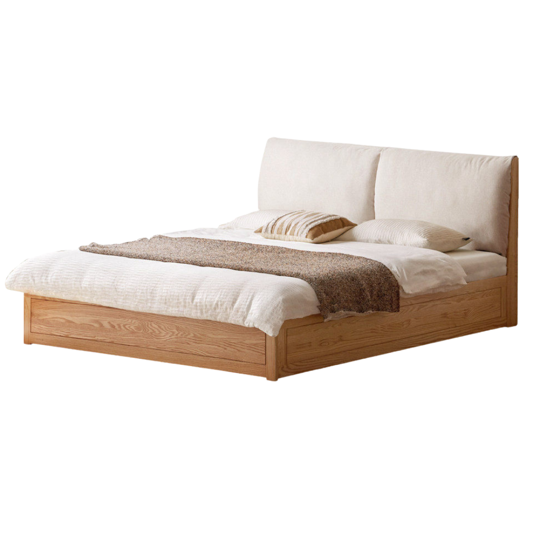 Beech, Oak, Black Walnut Solid Wood Bed — Fabric, Genuine Leather Upholstered, Simple Design