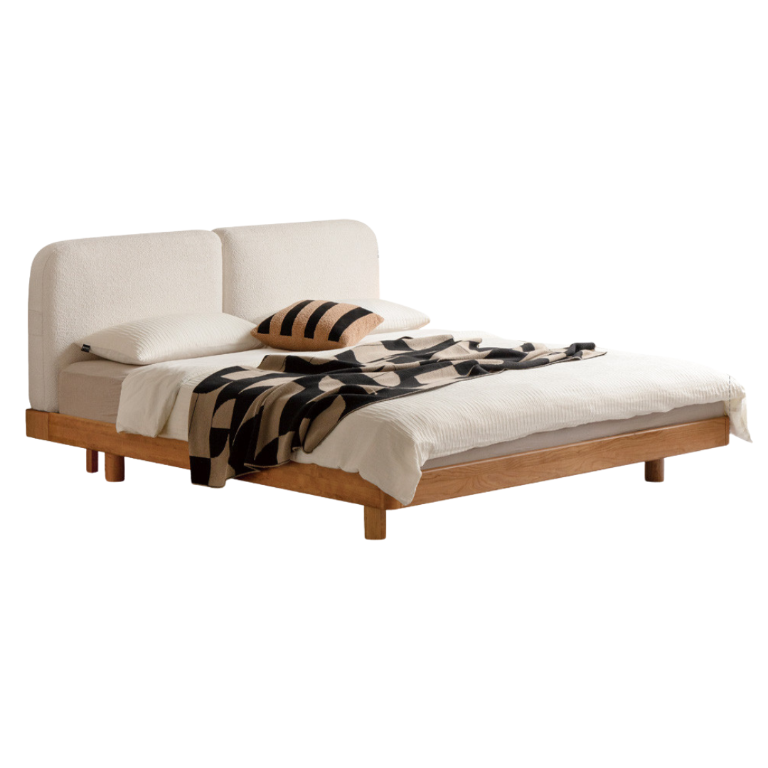 Cherry Solid Wood Upholstered Bed — Platform Bed, Headboard-Free Bed Floor Style, Simple Floating Bed