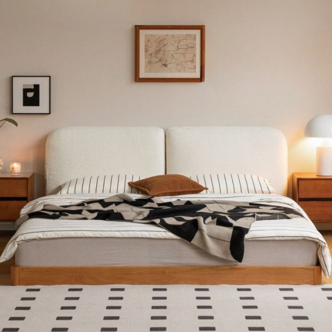 Cherry Solid Wood Upholstered Bed — Platform Bed, Headboard-Free Bed Floor Style, Simple Floating Bed