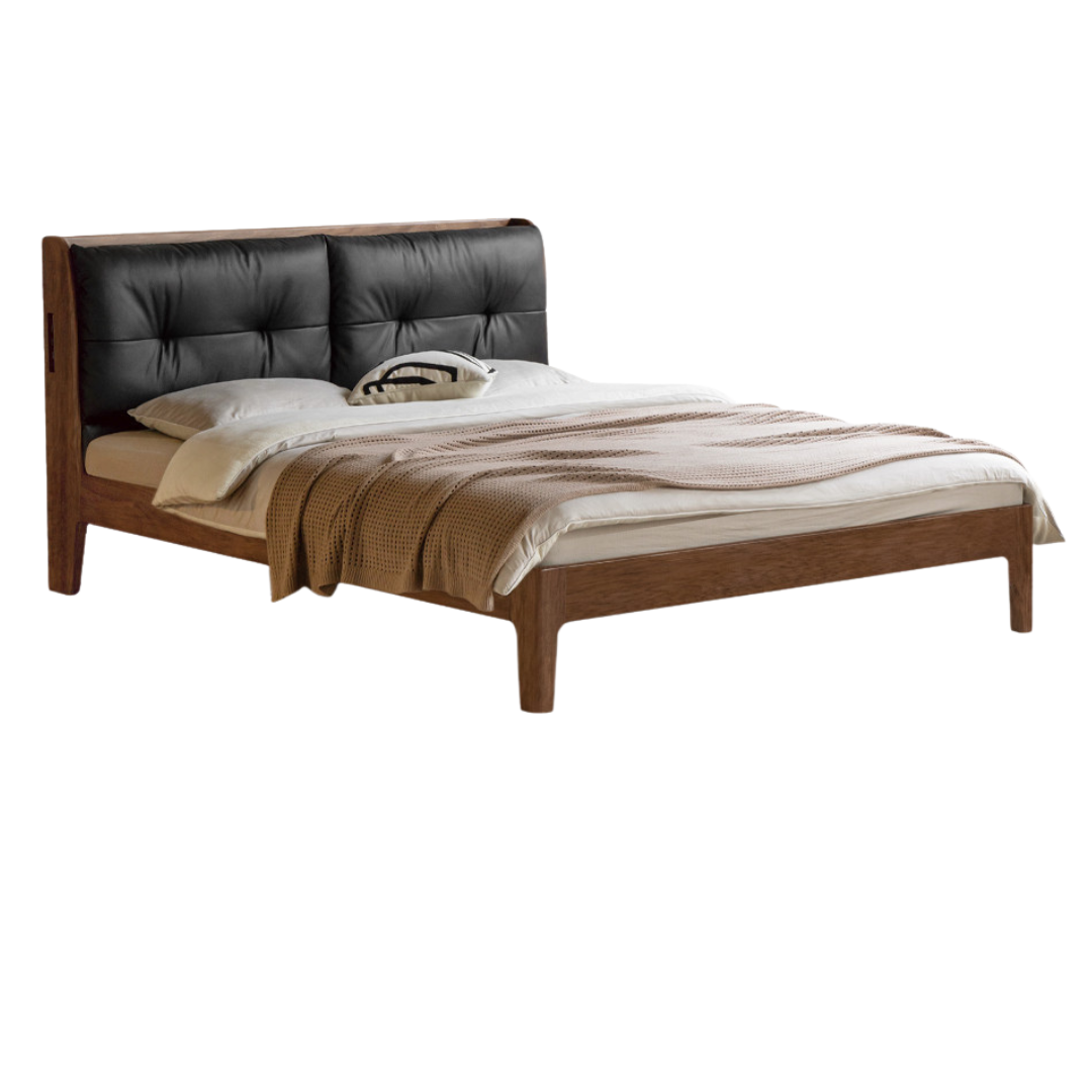 Black Walnut, Sandalwood Solid Wood Bed — Genuine Leather Upholstered, Simple Luxury Design