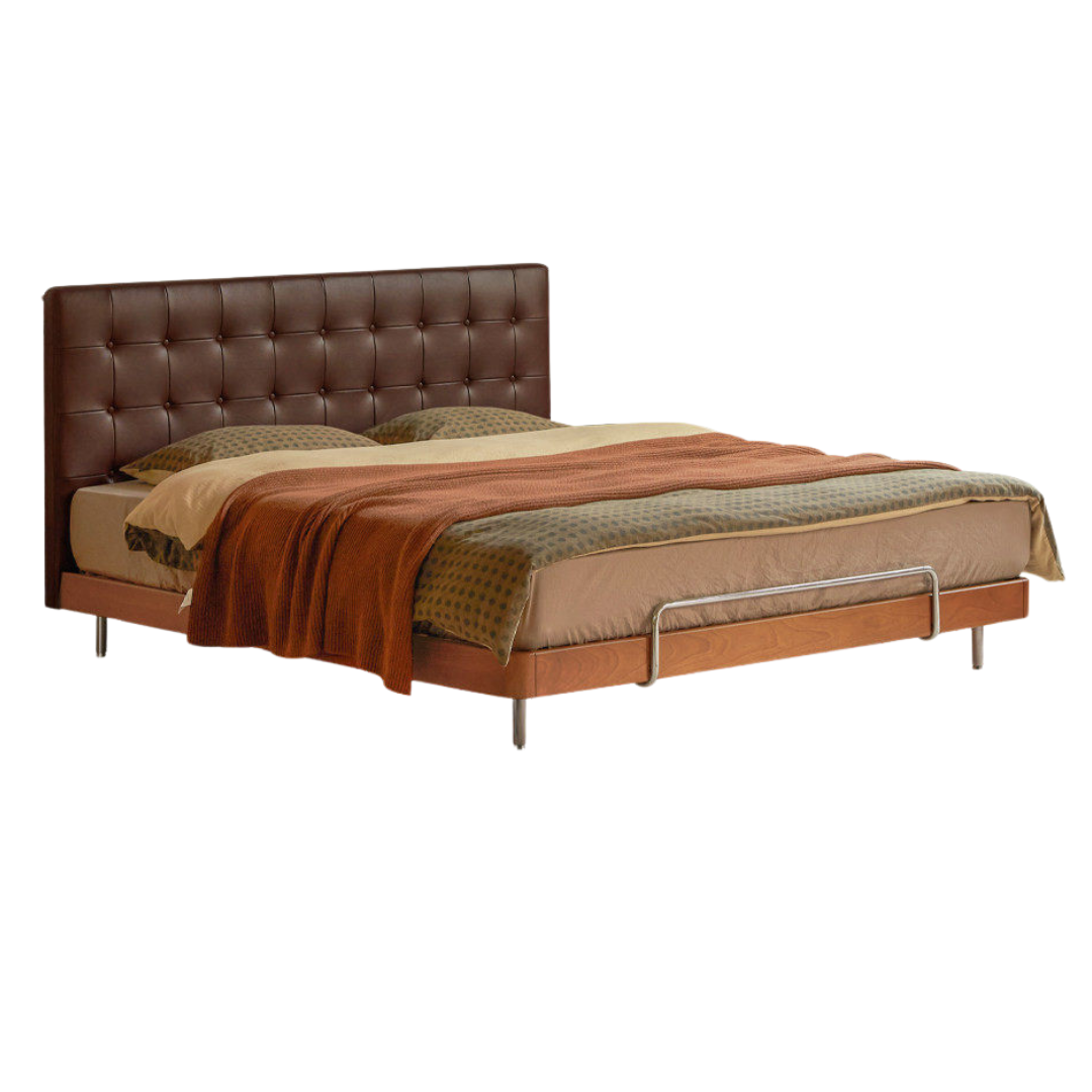 Tulipwood, Birch Solid Wood Bed — Bauhaus Style with Soft Genuine Leather Headboard
