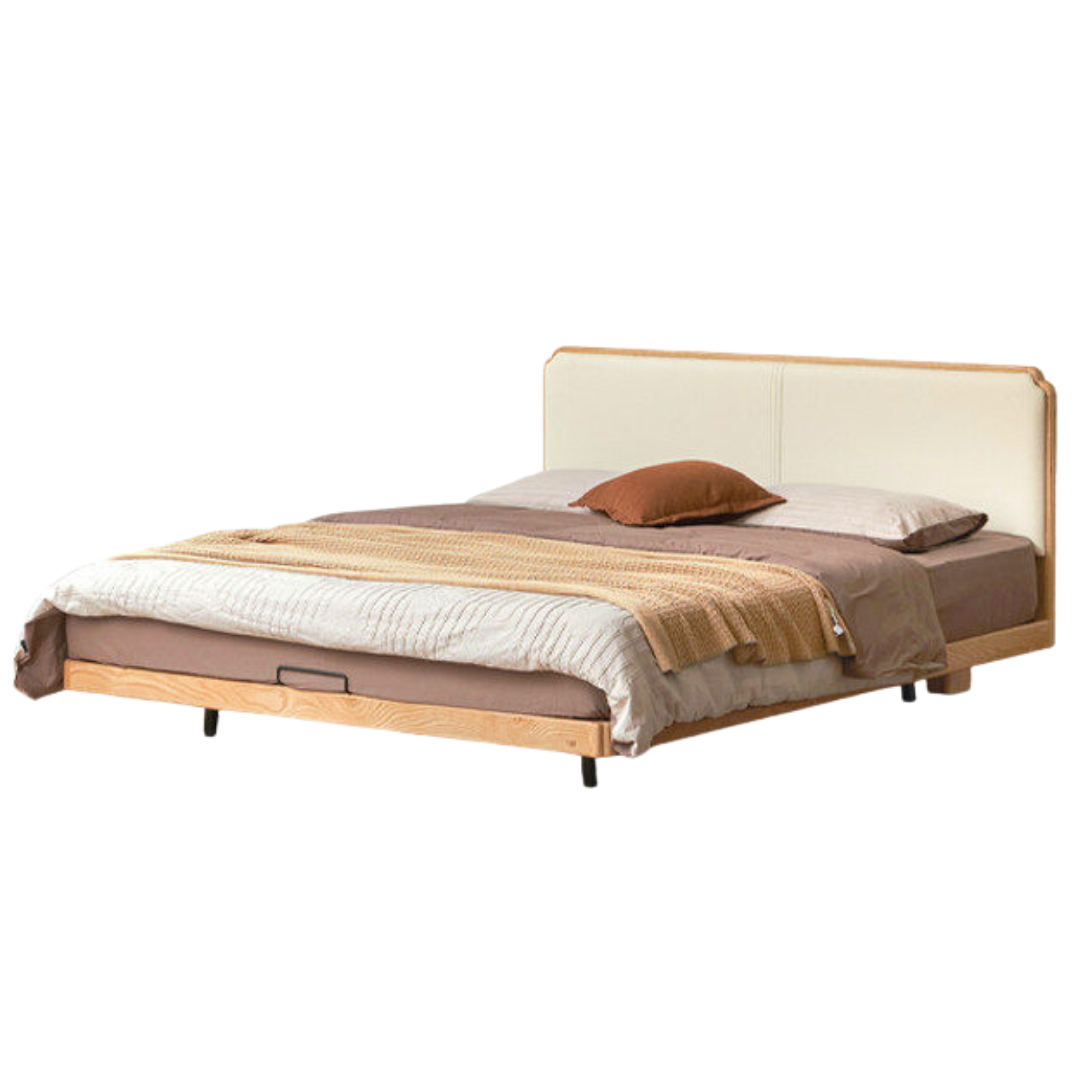 Oak Solid Wood Upholstered Bed — Modern Minimalist Design with Flush Edges
