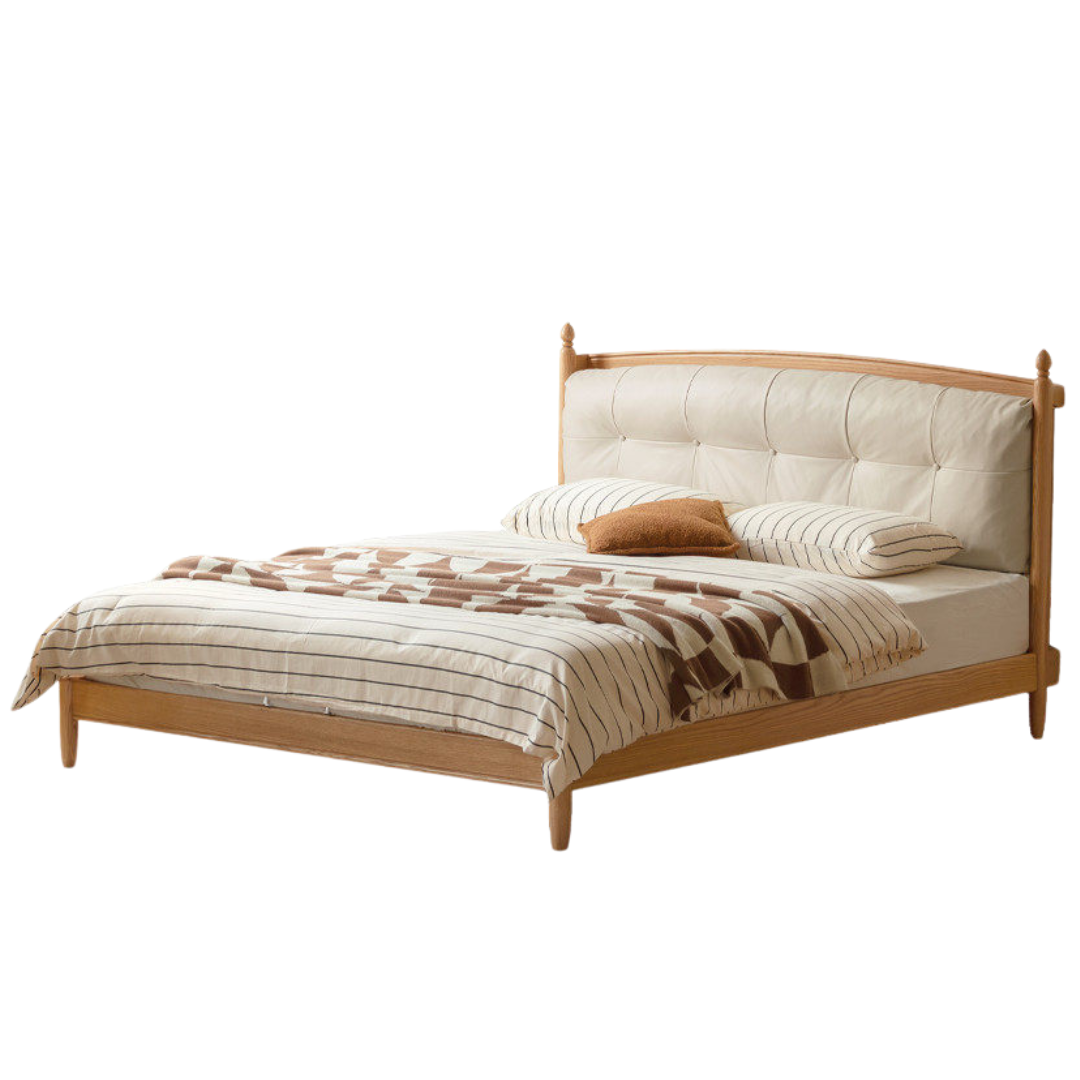 Oak Solid Wood Bed — Modern Minimalist with Genuine Leather and Soft Headboard