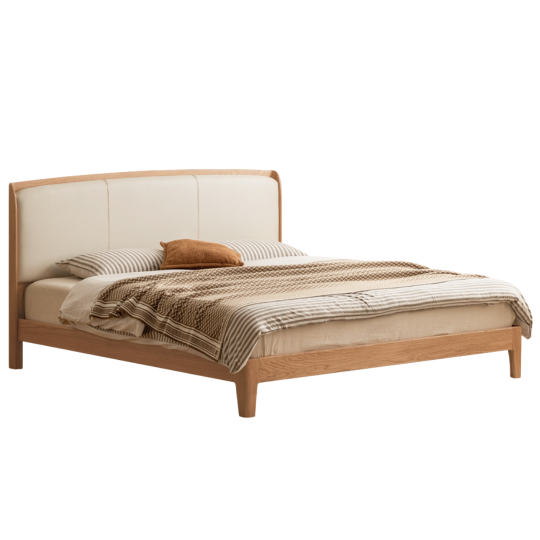 Oak Solid Wood Bed — Modern Minimalist, Genuine Leather Upholstered Bed