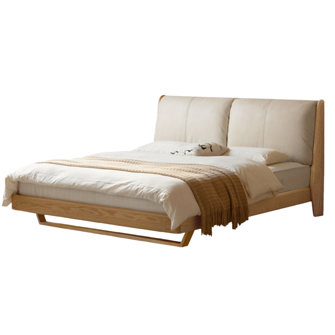 Oak Solid Wood Bed — Italian Light Luxury with White Genuine Leather and Soft Backrest