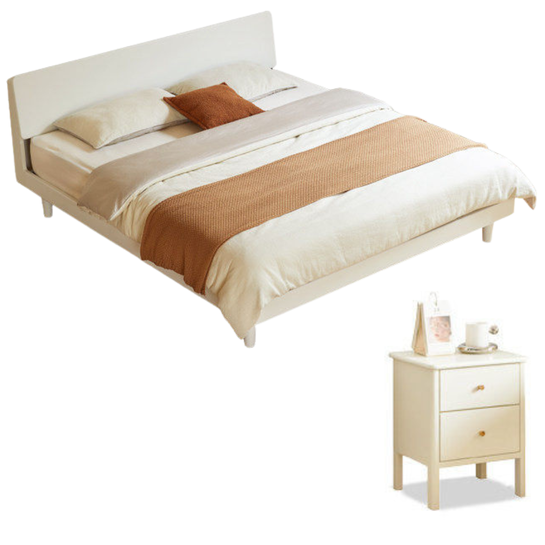 Pine Solid Wood Bed — Modern Minimalist Style with Creamy Design and Night Light