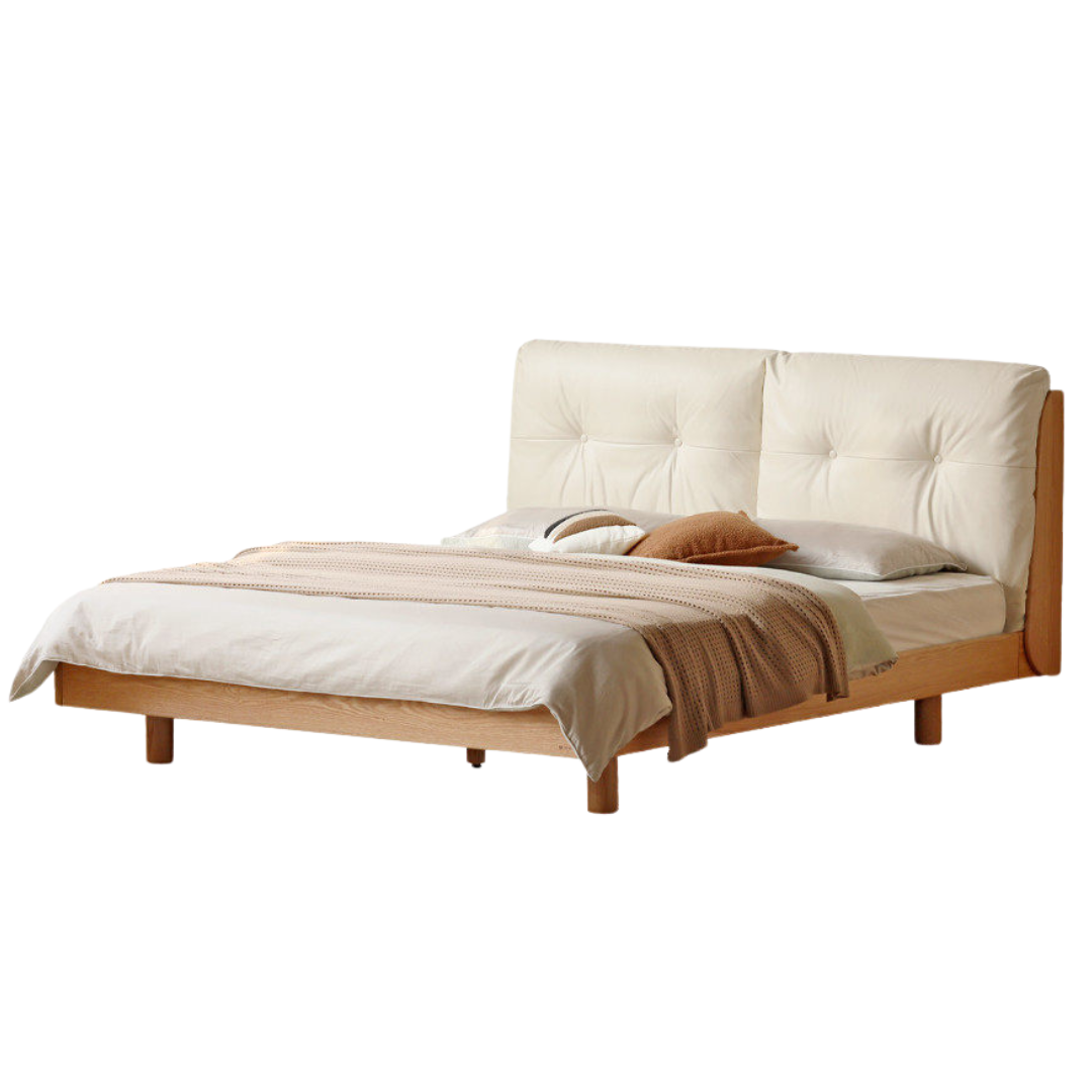 Oak Solid Wood Bed — Modern Minimalist, Genuine Leather Upholstered, Floating Design with Light