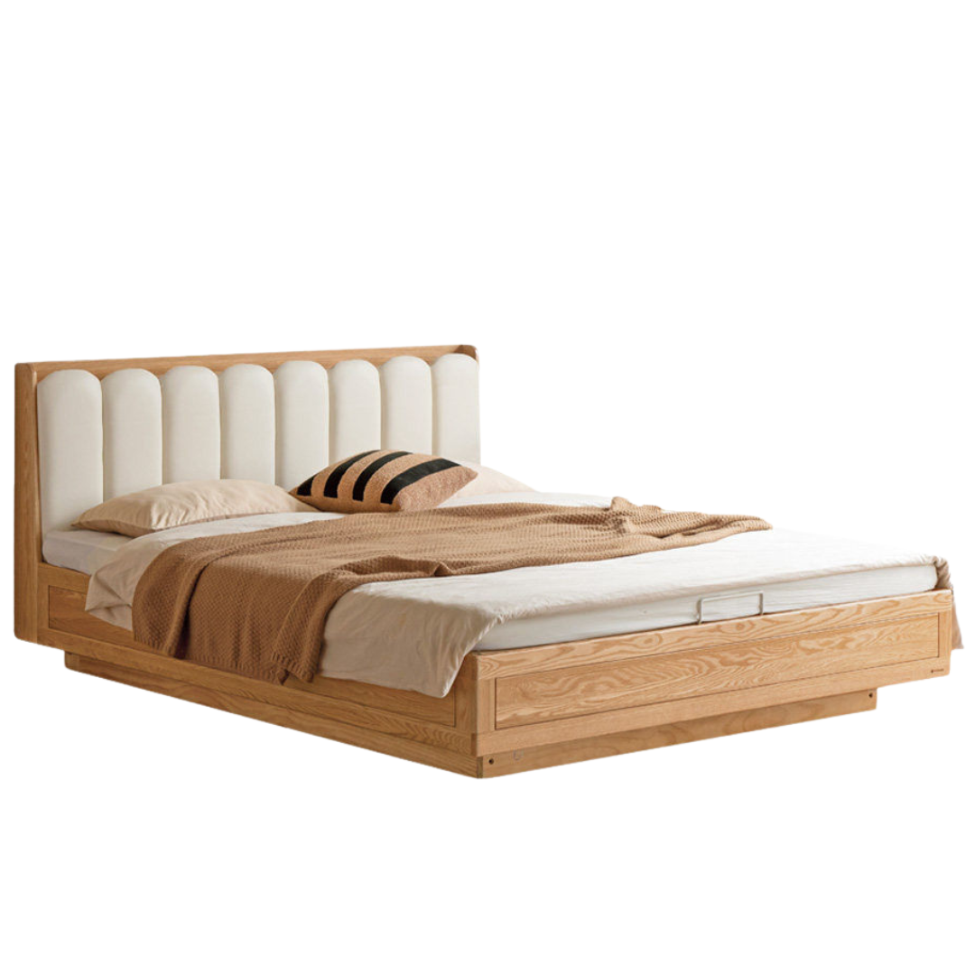 Oak Solid Wood Box Bed — Suspension and Upholstered with Genuine Leather Piano Key Design