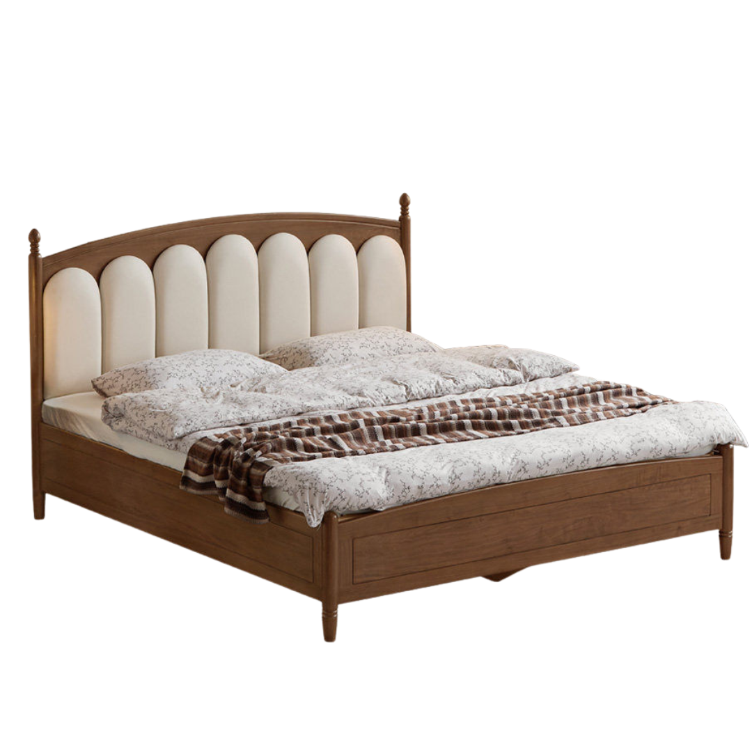 Black Walnut Solid Wood Box Bed — French Retro Style with Genuine Leather and Piano Key Design