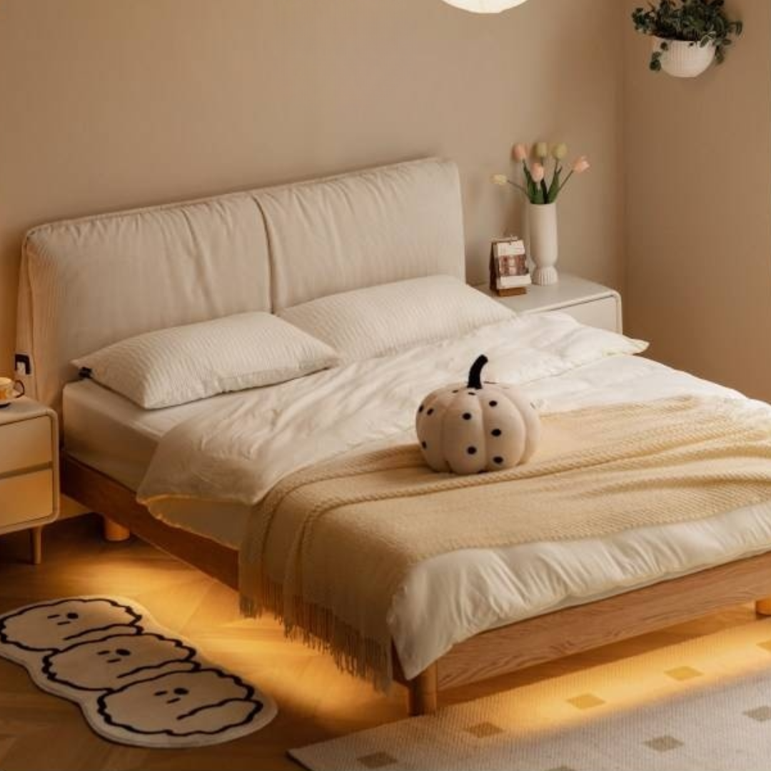 Oak Solid Wood Bed — Cream Style Upholstered Suspended Luminous Bed