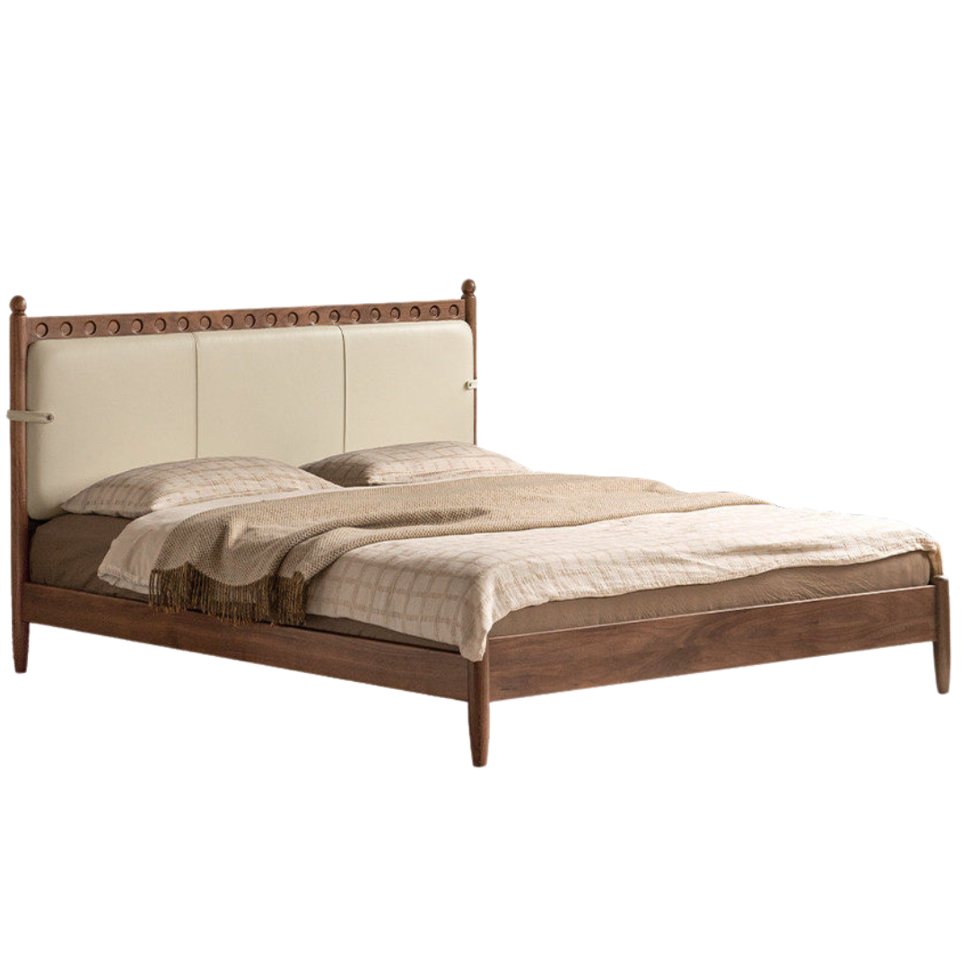 Black Walnut Solid Wood Bed — French Retro Style with Soft Backrest and Genuine Leather Upholstery