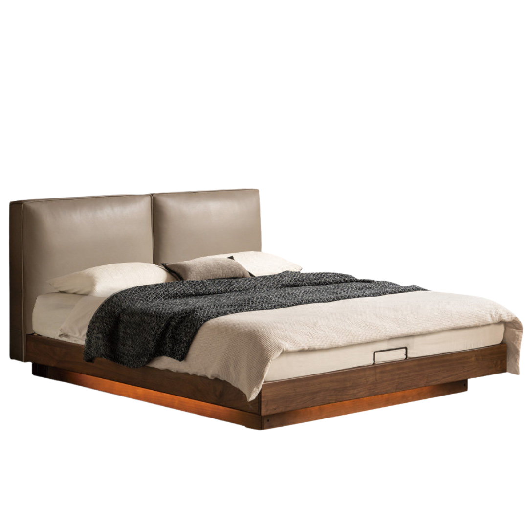 Black Walnut Solid Wood Box Bed — Italian Light Luxury, Genuine Leather Upholstered Headboard