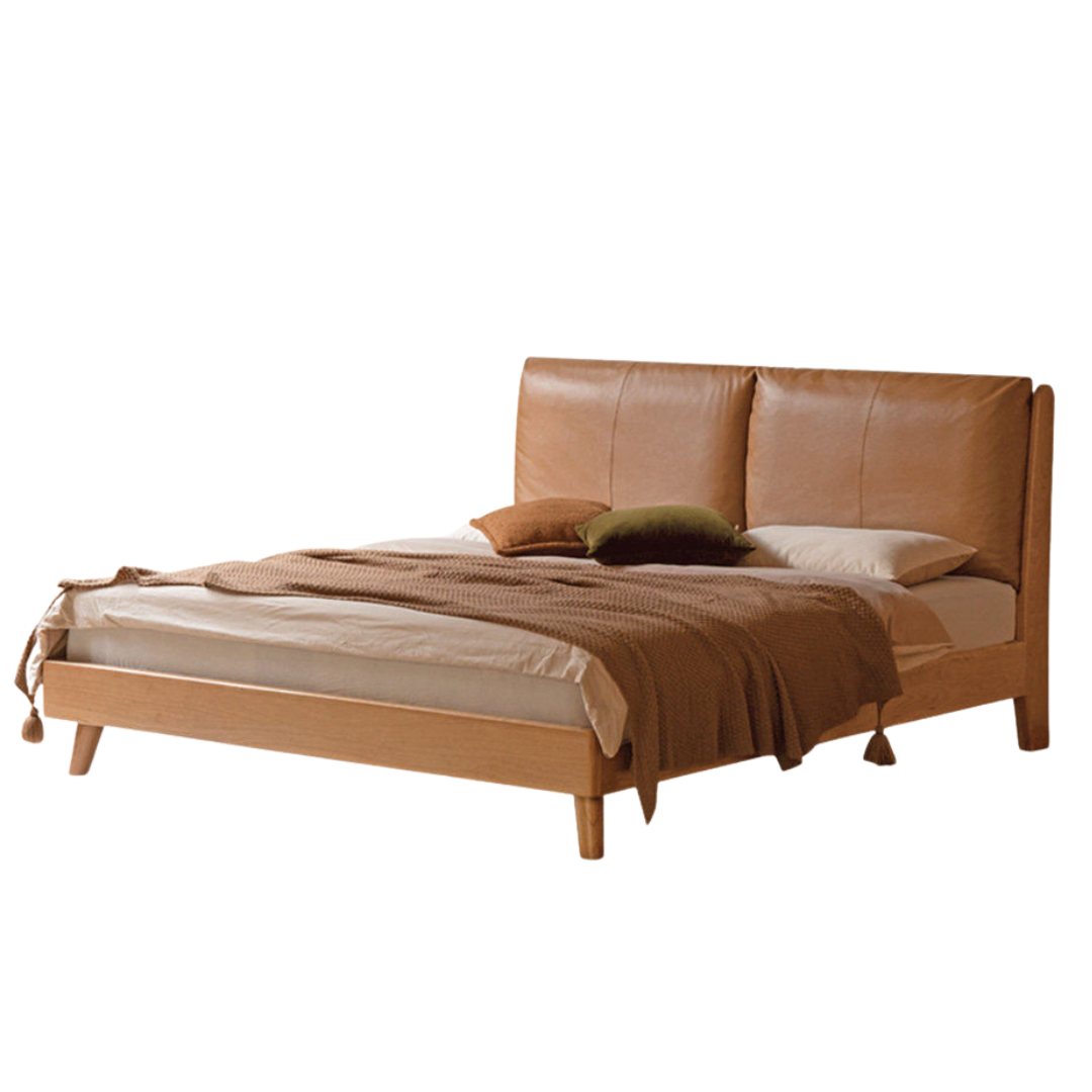 Cherry Solid Wood Bed — Retro Style with Genuine Leather Upholstery