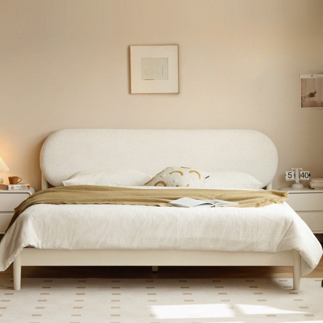 Poplar Solid Wood Bed — Upholstered with Fabric, Creamy Lambswool Soft Backrest